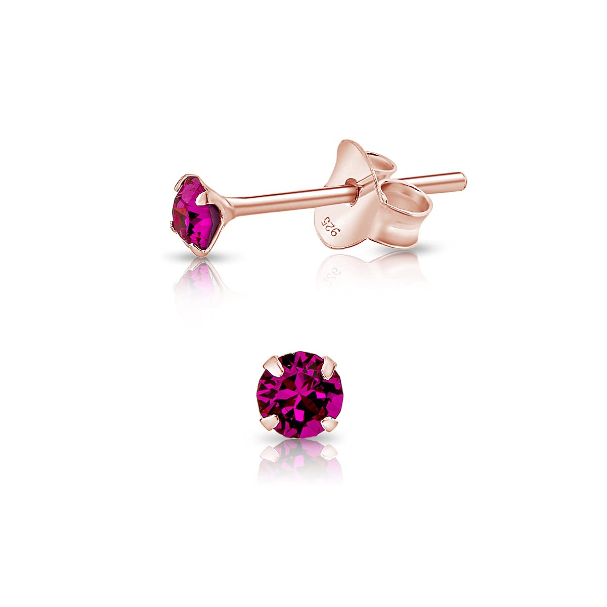 DTPSilver - 925 Sterling Silver Rose Gold plated Round TINY Stud Earrings made with Glittering Crystals from Swarovski® Elements - Diameter: 3 mm - Colour : Fuchsia