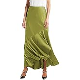 SEBOWEL Women Satin Skirt Silk A Line Swing Ruffle Pleated Cocktail Skirts Silky High Low Tiered Long Maxi Skirt with Split