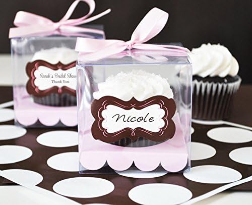 12pcs/Pack 9 * 9 * 9cm PVC Transparent Cupcake Box Clear Cake Box with Sticker and Insert Wedding Cupcake Box Mulit Colors (Pink)