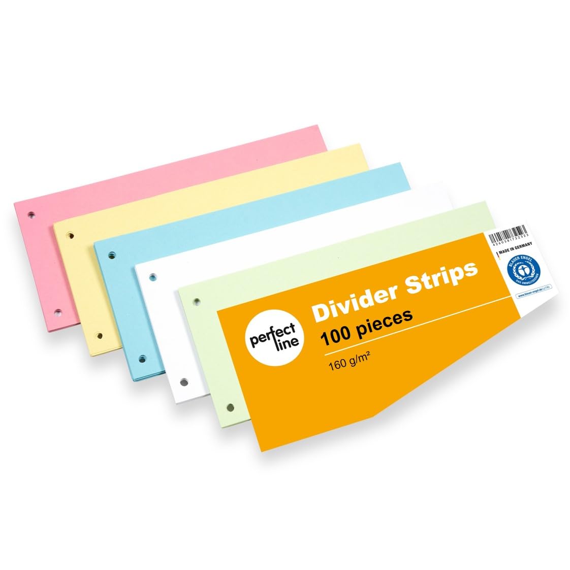 perfect line 100 Divider Strips for A4 folders, Trapezoid Shape dividers for Ring Binders Made of Recycled Cardboard, Made in Germany, 5 Colours, Perforated