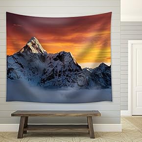 Sun Rising Behind Mountains Covered with Snow - Fabric Tapestry, Home Decor - 51x60 inches