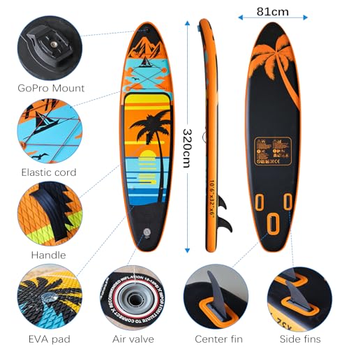 Adult Inflatable Surfboard, 320 cm Inflatable Sup with Accessories: Paddle, Pump, Fish Fins *3, Load Capacity of 135 kg, Plus Sup Board for All Levels Surfers