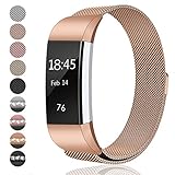hooroor for Fitbit Charge 2 Bands for Women Men, Milanese Loop Stainless Steel Metal Sport Replacement Bracelet Wristbands Strap with Magnet Lock for Fit bit Charge2 Fitness Tracker (Rose Gold, Small)