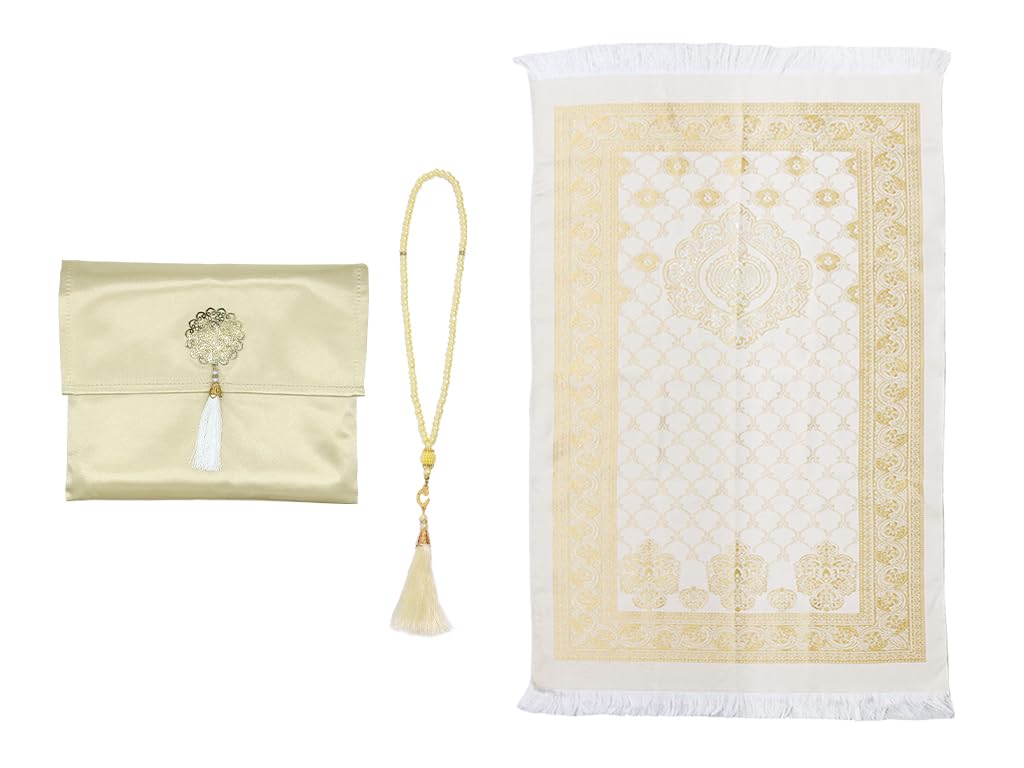 Anlising Muslim Prayer Mat with Prayer Beads and Fabric Bag, Foldable, Yellow, 110x70CM