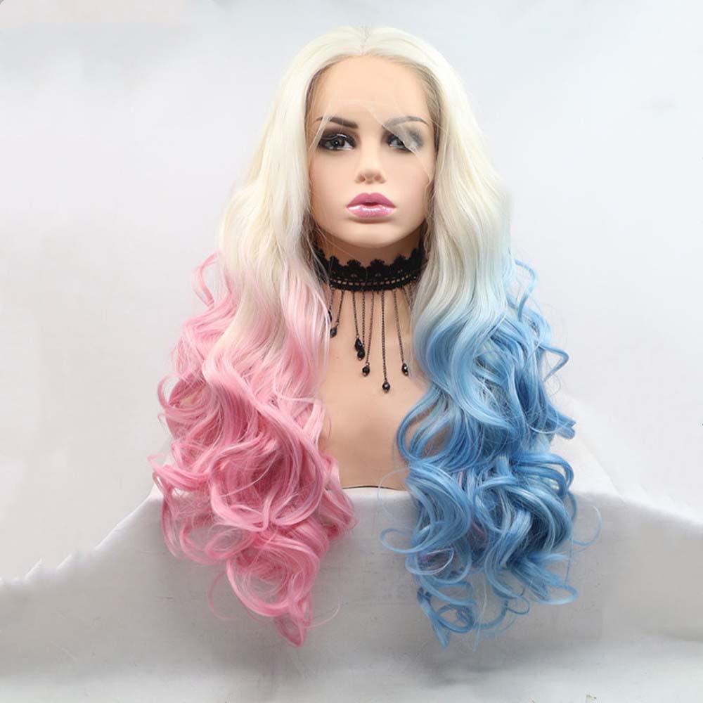 xiweiya Long White Blonde to Half Blue Pink Wigs Body Wave Mixed Piano color Glueless 13X3 Lace Wig Natural Hairline Synthetic Multi-color Lace Front Wigs Heat Resistant Fiber Hair for Women 24inch