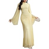 GORGLITTER Women's Sheer Mesh Bell Long Sleeve Maxi Dress Elegant Classy Fall Cocktail Tea Party Mock Neck Long Dresses