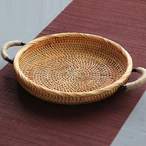 WAYMX Round/Oval Handmade Rattan Storage Basket Fruit Vegetable Food Wicker Baskets Picnic Tray Holder Organizer Home Decor B