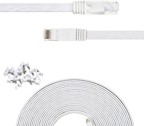 Cat 6 Ethernet Cable 25 ft Flat White,Solid Cat6 High Speed Computer Wire with Clips & Rj45 Connectors for Router, Modem, Faster Than Cat5e/Cat5, (25ft, 1 Pack, White)