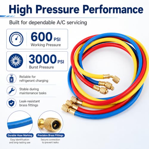3Pcs R134a AC Manifold Gauge Hose Kit 60 Inch photo 8