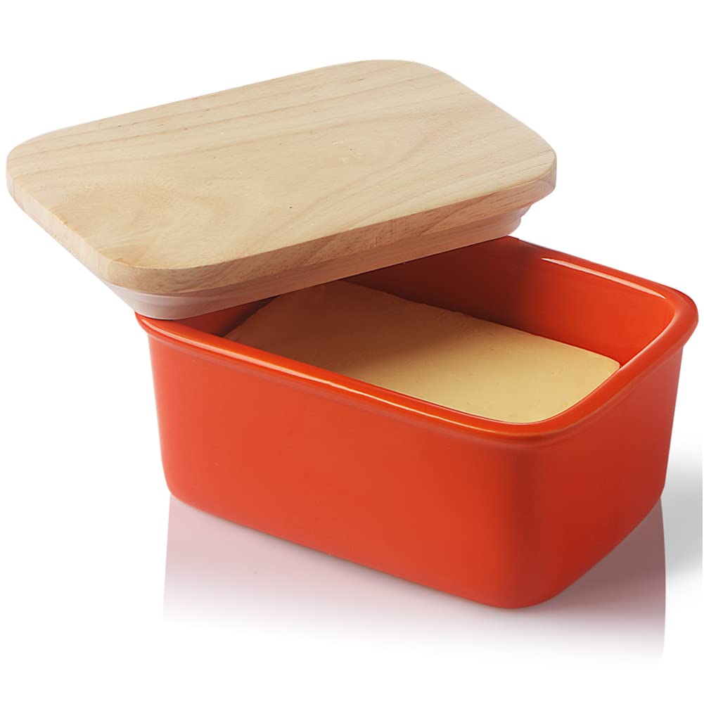 Sweejar Home Porcelain Butter Dish with Lid, Airtight Large Butter Keeper with Wooden Lid, Butter Container Perfect for 2 Sticks of Butter West or East Coast Butter (Orange)