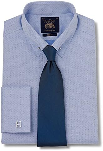 Savile Row Men's Blue Luxury Dot Pin Collar Slim Fit Shirt - Barrel Cuff Cuff 15" Standard Barrel Cuff