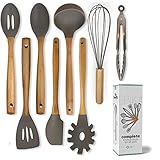 EPiKA Premium Silicone Bamboo Kitchen Utensils Set 9-Piece Cooking Utensils Set With Bamboo Wood Handles For Nonstick Cookware, Utensils Holder Included. Eco Friendly.