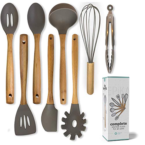 EPiKA Premium Silicone Bamboo Kitchen Utensils Set 9-Piece Cooking Utensils Set With Bamboo Wood Handles For Nonstick Cookware, Utensils Holder Included. Eco Friendly.