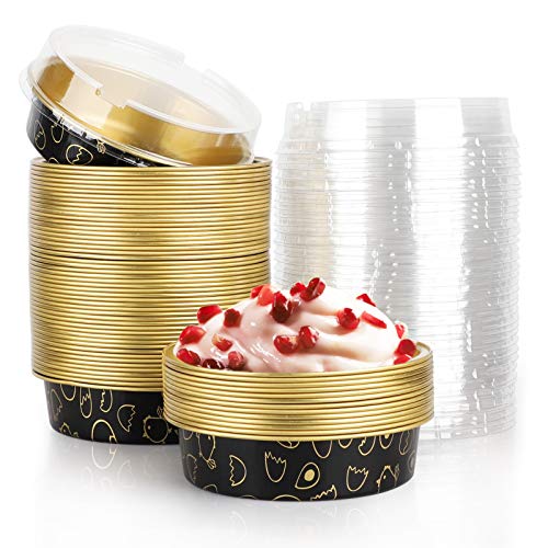 Beasea Mini-Aluminium-Kuchenformen, 10,2 cm, 50 Stück, Mini-Kuchenformen mit Deckel, 237 ml, Aluminiumfolie, Einweg-Kuchenformen, Schwarz-Gold, Cartoon-Tart-Pfa