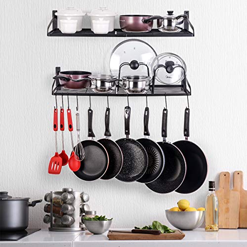 Sunix Pan Pot Rack, Wall Mounted 2-Tier Pan Hanging Racks, Pot Shelf Organizer with 10 Hooks and Pot Lids Holder