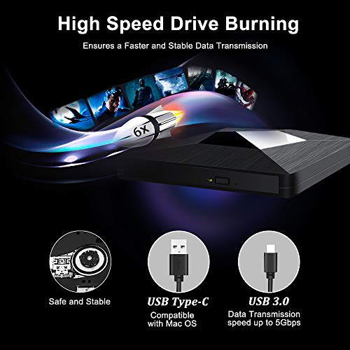 External CD DVD Drive Dual USB 3.0 Type C,Portable CD-RW/DVD-RW Writer Reader Player Burner Optical Disc Super Drives for Laptop PC Windows 7/8/10 and Mac OS Linux