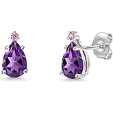 Gem Stone King 14K White Gold Purple Amethyst and Pink Lab Grown Diamond Teardrop Stud Earrings for Women | 1.30 Cttw | Gemstone February Birthstone | Pear Shape 7X5MM