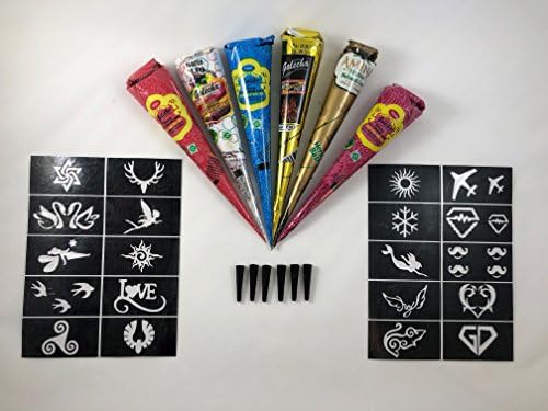 6 Pc India Henna Tattoo Kit Temporary Tattoo Paste Cone Body Art Painting Drawing with 20 Free Henna Stencil Set Black, Brown, Red, White, Blue, Rose