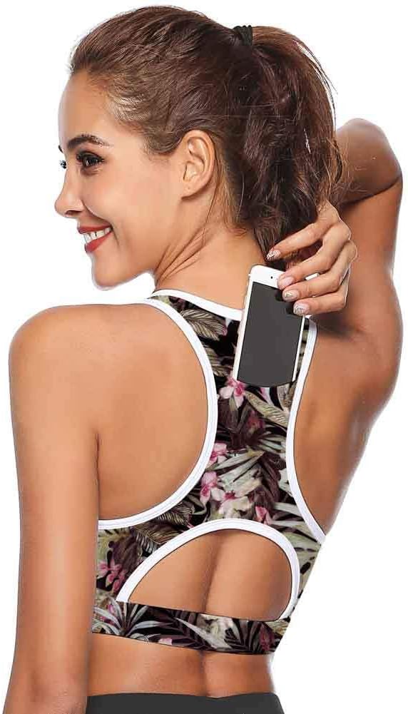 Women Running Sports Bra Back Pocket Padded Activewear Bra Tank Tops