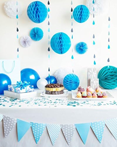 Baby Shower Party Decorations for Boys in Blue and White - Raindrop garlands and Pom Poms, Baby Boy Nursery Bunting, Honeycomb Balls and Paper Fans for First Birthday Party and Baby Nursery