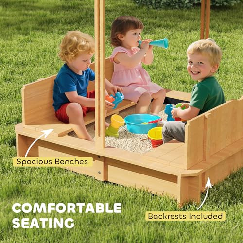 Outsunny Kids Wooden Sandbox w/Adjustable, retractible Canopy & Foldable Bench Seats for 3-7 Years Old, Light Brown