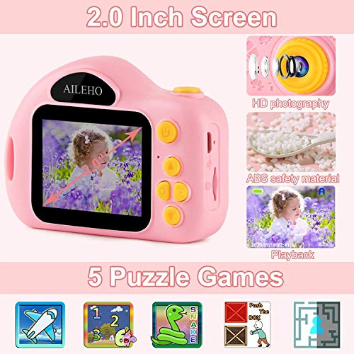 AILEHO Kids Camera for Girls Birthday Holiday Children Digital Video Camera for Kids Age 3 4 5 6 7 8 9 Years Old Toy Gifts Toddler Camera 8M 1080P 8GB Card Mini Toy Camera IPS 2\