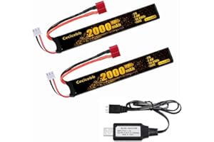 Cecicebb Airsoft Battery 7.4V 2000mAh 30C with T Plug for Airsoft Model Guns Rechargeable 2S Lipo Battery 2 Pack with 7.4V USB Charger Cable