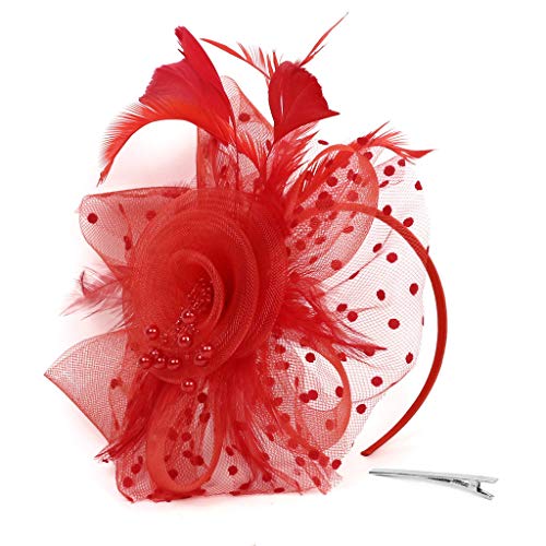 Sunshinehomely Women Hairband, Women Penny Mesh Hat Ribbons Feathers Fascinator Hat Headband Cocktail Tea Party Hat Headwear (Red)
