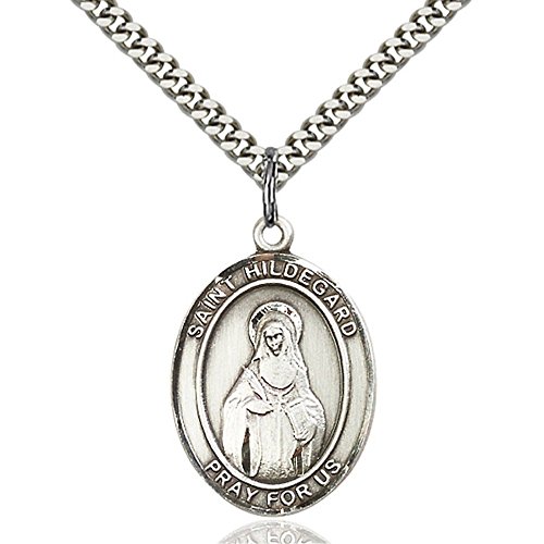 Sterling Silver St. Hildegard Von Bingen Pendant 1 x 3/4 inches with Heavy Curb Chain