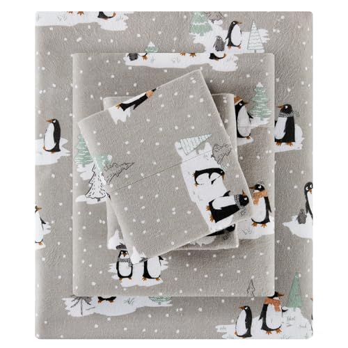 SLEEP PHILOSOPHY True North Cozy Flannel Warm 100% Cotton Sheet - Novelty Print Animals Stars Cute Ultra Soft Cold Weather Bedding Set, Queen, Grey Penguins