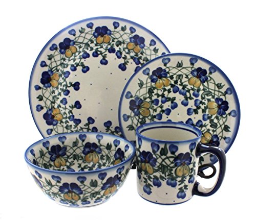 Click Here to See More Images Polish Pottery Pansies 4 Piece Dinner Set