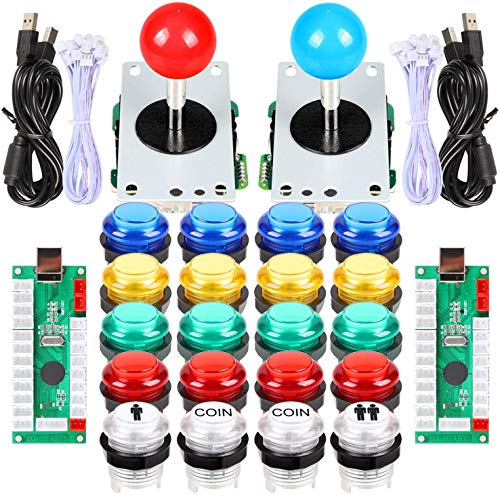 EG STARTS Classic Arcade DIY Kit Parts 2X USB LED Encoder to PC Consols Games + 2X 4/8 Ways Joystick + 20x 5V Illuminated Push Buttons for Mame Jamma (Red/Blue Stick + Mix Color Buttons)