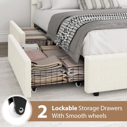Garvee Queen Size Bed Frame with Storage Drawers, Upholstered Boucle Platform Bed with Round Headboard, Heavy Duty & Noise Free, No Box Spring Needed, Beige