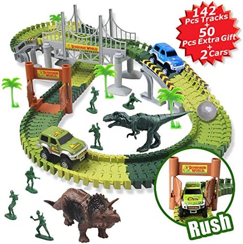 MIECOO Slot Car Race Track Sets Jurassic World Dinosaur Car Toys Create a Road with 142 Pcs Flexible Tracks(50 Pcs Extra Gift), Christmas Xmas Birthday Gift for Boys Girls Kids Toddlers Aged 3+