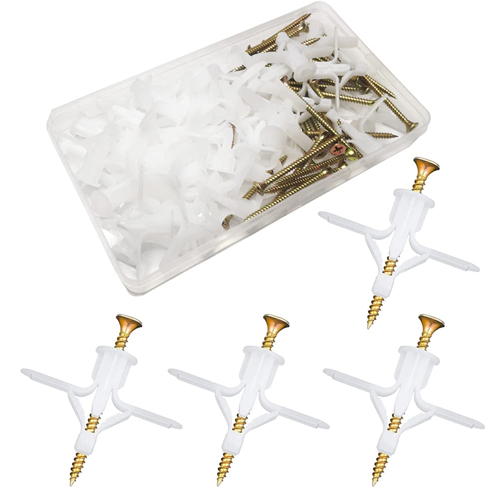 Plasterboard Wall Plugs & Screws, CTRICALVER Plasterboard Wall Plugs Expansion Tube Plastic Anchors, White Aircraft Type Type Hollow Drywall Cavity Raw Wall Fixings (50 Anchor + 50Screw)