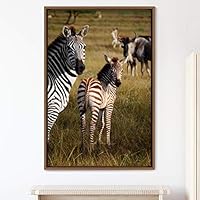Framed Canvas Wall Art Zebra Animals Dramatic Farmhouse/Country Living Room Multicolor Photography Zebra - 16x24 inches