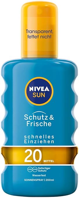 NIVEA SUN Transparentes Sonnenspray, Lichtschutzfaktor 20, 200 ml Sprühflasche, Schutz & Frische