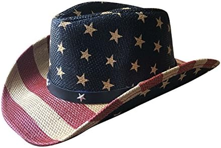 Vamuss Menรs Vintage Tea-Stained USA American Flag Cowboy Hat w/Western Shape-It Brim