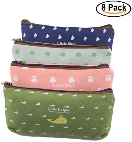Swity Home [8 Pack] Pen Bag, Pencil Pouch Cosmetic Bags, Canvas Pen Pencil Stationery Pouch Bag Case-Super Adorable Animal Style(elephant-dolphin-owl-ship), Set of 8