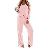 Tankaneo Womens Pajama Sets Off The Shoulder V Neck Top Wide Legs Pants Ribbed Lounge Sets 2025 Casual 2 Piece Outfits