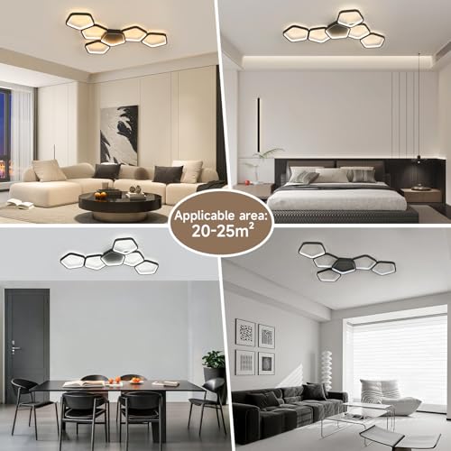 Kuwork Modern LED Ceiling Light, Living Room, 58 W, 3000 K - 6500 K, Dimmable with Remote Control and App Control, Night Light and Timer Function for Bedroom Ceiling Lamp, 90 cm, Black