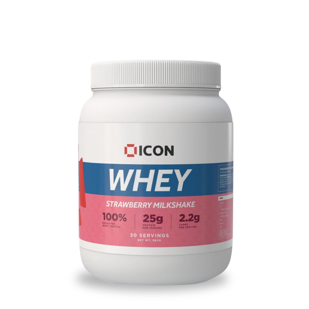 ICON Nutrition Whey Protein Powder — Strawberry Milkshake — High Protein, Grass Fed, Low Carbs & Fat, Complete Amino Acid Profile, Cold Shakes or Mix with Foods — 960g, 30 Servings