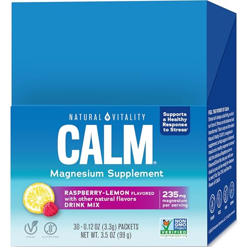 NATURAL VITALITY CALM, MAGNESIUM CITRATE SUPPLEMENT, ANTI-STRESS DRINK MIX POWDER – GLUTEN FREE, VEGAN, & NON-GMO, RASPBERRY LEMON, 0.12 OZ, 30 PACKETS