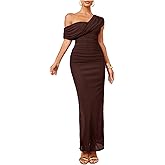 Milumia Women's Ruched One Shoulder Mesh Maxi Dress Sleeveless Slit Bodycon Wedding Guest Dresses