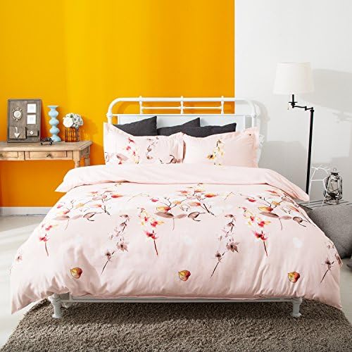 3 Piece Duvet Cover and Pillow Shams Bedding Sets, Hypoallergenic Breathable Soft Microfiber Pink Leaf Printed with Hidden Zipper and Tieback (Full)