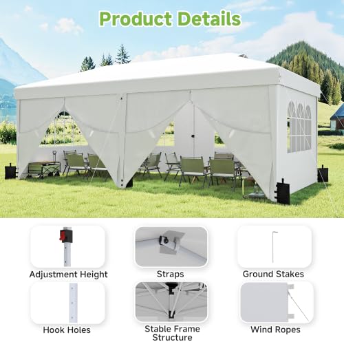 Real Relax 10x20ft Pop Up Portable Canopy Tent with 300D Silver-Coated Top, 6 Sidewalls, UV-Protective, Waterproof, Windproof, Easy Setup with 2 Central Locks for Camping, Wedding, White