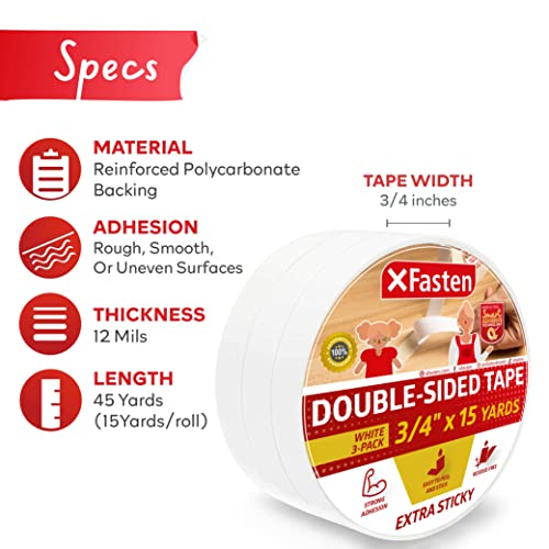 XFasten Extra Strength DoubleSided Tape, White, 3/4Inch x 15Yard