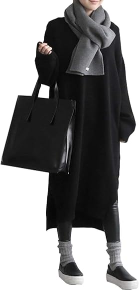 Amazon ｓｅｍｏ１ｍｕｓ ワンピース レディース ニット セーターワンピース ロングニットワンピ ロング丈 厚手 きれいめ ゆったり Vネック 無地 秋冬 重ね着 ブラック ワンピース チュニック 通販