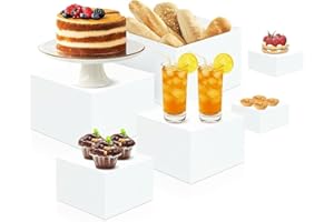 6 Pcs Buffet Risers White Acrylic Display Stands Cube Boxes with Hollow Bottoms Decorative Stand 6 Sizes for Jewelry Candy Ta