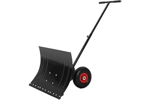 Garvee 29" Wheeled Snow Shovel Pusher - Heavy Duty Metal Snow Plow with Adjustable Handle & Angled Blade, Ergonomic Single Ro